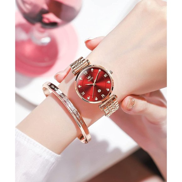 Women Rose Gold Stainless Steel Band Red Dial Quartz Small Face Waterproof Watch main image 9